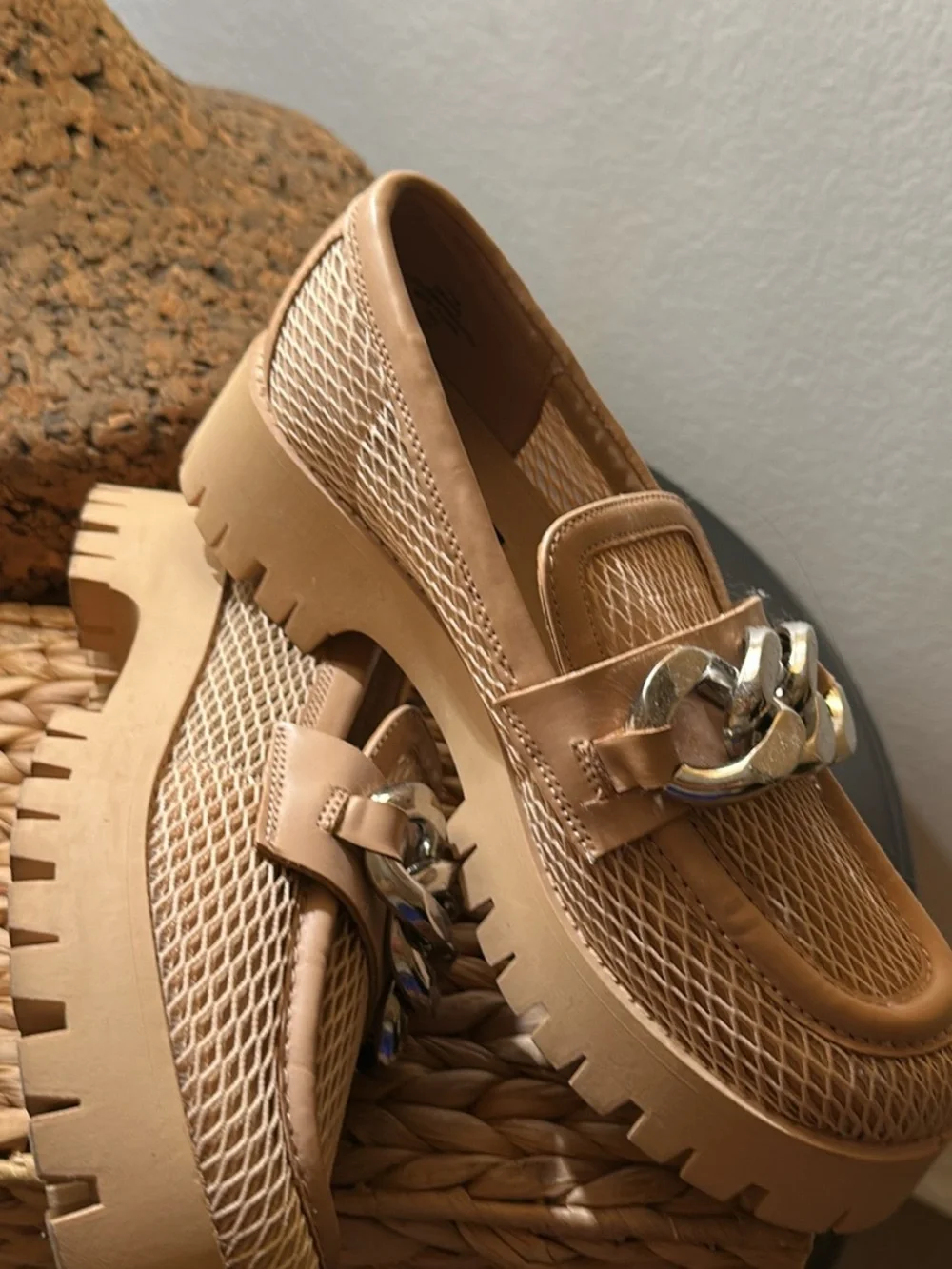 Nine West Tan Chunky Chain-Trim Loafers